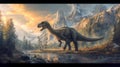 painting of a dinosaur with mountain landscape