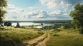 A painting of a dirt road leading to a lake, AI