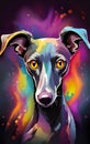 painting of a dog with bright yellow eyes and a black background, whippet portrait with colorful background and splats