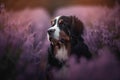 a painting of a dog in a field of lavender flowers Royalty Free Stock Photo