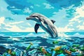 A painting of a dolphin leaping out of polluted waters with plastic bottles,illustration in comic style Royalty Free Stock Photo