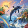 A painting of dolphins and a rainbow in the sky Royalty Free Stock Photo