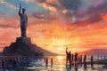 Painting of a drawing of the Colossus of Rhodes, al atardecer.