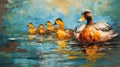 Abstract Duck Family In Water Oil Painting By Bee Art