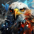 a painting of an eagle with red white and blue paint splatters