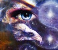 Painting eagle with woman eye on abstract background and Yin Yang Symbol in space with stars. Wings to fly.