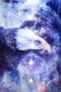 Painting eagle with woman eye on abstract background and Yin Yang Symbol in space with stars. Wings to fly, USA Symbols Freedom