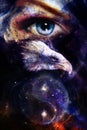 Painting eagle with woman eye on abstract background and Yin Yang Symbol in space with stars. Wings to fly, USA Symbols Freedom