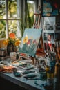 A painting on a easel in front of a window. Generative AI image. Royalty Free Stock Photo