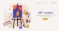 Painting easel landing page. Art studio accessories website UI mockup. Artist class tools. Painter supplies. Paint