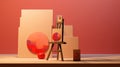 A painting easel and a red painting on a table, AI