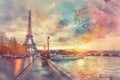 a painting of the Eiffel tower in Paris, France. generative ai Royalty Free Stock Photo