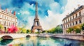 A painting of the Eiffel Tower and the Seine River in Paris, France. Royalty Free Stock Photo
