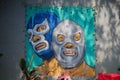 Painting of El Santo and Blue Demon fighters on a wall in Oaxaca, Mexico. Royalty Free Stock Photo