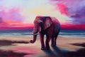 a painting of an elephant with a pink sunset in the background and beach sand Royalty Free Stock Photo