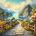 A painting of empty street in the mountain with beautiful ocean view, stone footpath, wooden guardrail, sky, clouds, design, art