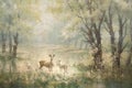 painting European forest in autumn with trees and wildflowers with deer in a landscape