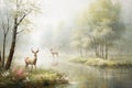 painting European forest in autumn with trees and wildflowers with deer in a landscape