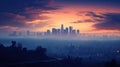 Painting of evening Los Angeles, a setting sun in a big city.