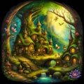 A painting of a fairy village in the woods, magical village, fantasy village, faery palace.