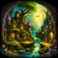 A painting of a fairy village in the woods, magical village, fantasy village, faery palace.