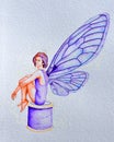 Painting of fairy wearing violet sitting on a cotton reel.