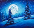 Painting Majestic Winter Night Mountain Valley. Christmas mood illustration Art.
