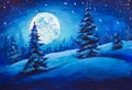 Painting Majestic Winter Night Mountain Valley. Christmas mood illustration Art.