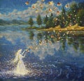 painting Fairy woman, shamanic girl, white angel creates magic love on the water