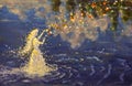 painting Fairy woman, shamanic girl, white angel creates magic love on the water illustration