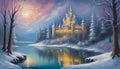 Painting of fairytale winter forest with lake, magical castle with lights, cold night