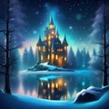 Painting of fairytale winter forest with lake, magical castle with lights, cold night