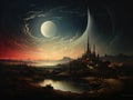 A painting of a fantasy landscape with a giant moon in the sky.