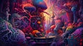 A painting of a fantasy psychedelic trippy forest with lots of mushrooms, neural network generated image