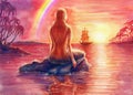 Painting fantasy watercolor landscape with mermaid silhouette, seascape with nixie, water nymph, undine, seamaid in sea, sunset