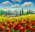 Original oil painting of flowers,beautiful field flowers in Tuscany, Italy on canvas. Royalty Free Stock Photo