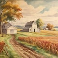 a painting of a farmhouse in the middle of a field , generated by AI Royalty Free Stock Photo