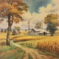 a painting of a farmhouse in the middle of a field , generated by AI Royalty Free Stock Photo