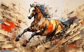 A painting with a fast-galloping, impetuous horse, splashes of paint Royalty Free Stock Photo