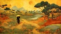 Asian Woman Walking In Nature: A Dreamlike Painting In The Style Of Francois Schuiten