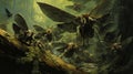 Lively Tableaus: Ambitious Insect Oil Painting In The Style Of Mike Deodato Royalty Free Stock Photo
