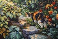 A painting featuring a curious calico cat exploring a garden with colorful flowers and lush greenery, A curious calico cat