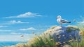 Whimsical Ocean Scene: Seagull Resting On Rock With Tall Grass