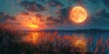 A painting featuring a full moon casting its reflection on a body of water Royalty Free Stock Photo