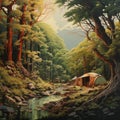 Viscose Relief: Australian Tonalism Forest Painting With Camping Tent And Stream Royalty Free Stock Photo