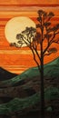 Colorful Woodcarving: Sunset Tree Painting With Scottish Landscape Influence