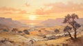 Vintage Oil Painting Of A Spectacular Desert Sunrise