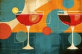 Painting featuring two glasses filled with red wine against a vintage backdrop, A retro-inspired cocktail with vintage iconography Royalty Free Stock Photo