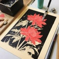 Bold And Meticulous: Ink Lino Print Of Red And Pink Flowers Royalty Free Stock Photo