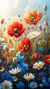 A painting of a field of colorful flowers